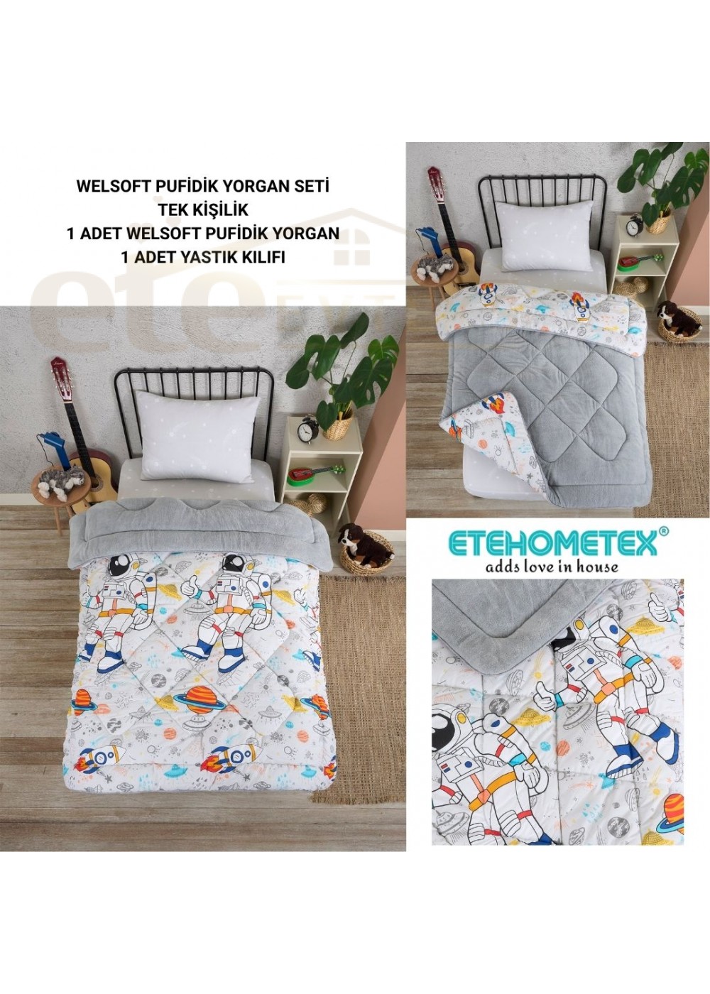 ETE HOMETEX TEK KİŞİLİK LÜX WELSOFT YORGAN SETİ ASTRONOT GRİ 155X215CM 8696474231857